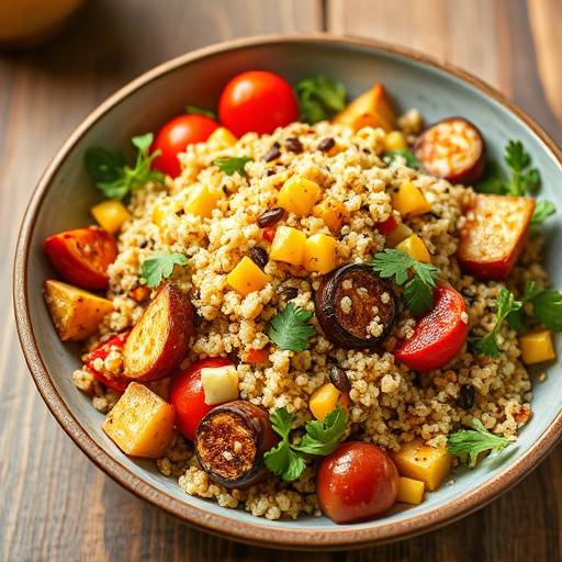 A bowl of vibrant quinoa salad with roasted vegetables and a lemon vinaigrette.