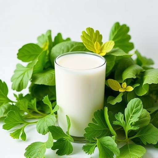 A glass of milk and a bowl of leafy green vegetables representing calcium-rich foods.