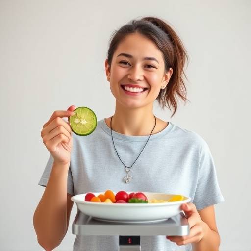 A person happily weighing themselves on a scale surrounded by healthy foods.