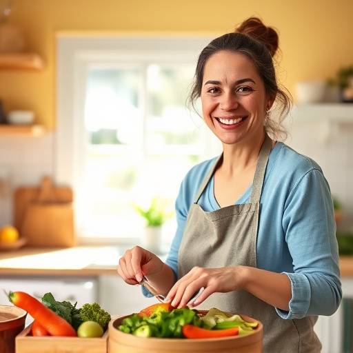 A person smiling while preparing a healthy meal in the kitchen.