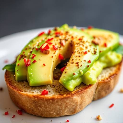 A slice of avocado toast topped with everything bagel seasoning and a sprinkle of red pepper flakes.