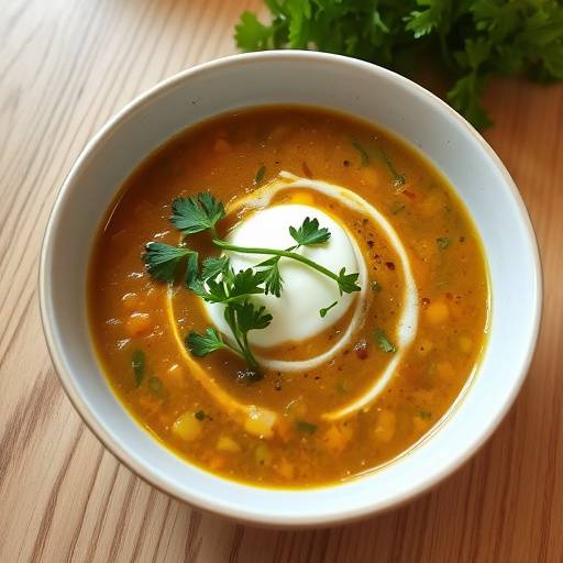 A steaming bowl of lentil soup garnished with fresh parsley and a dollop of yogurt.