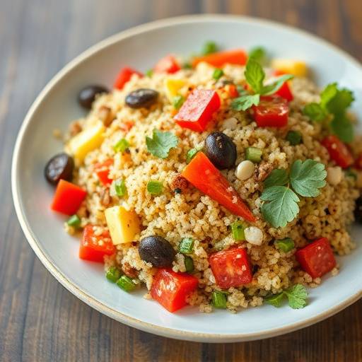 A vibrant bowl of quinoa salad with mixed vegetables and a lemon vinaigrette