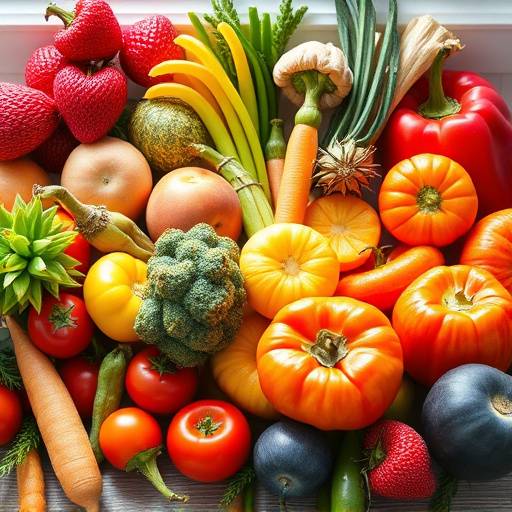 Assortment of colorful fruits and vegetables arranged artistically.