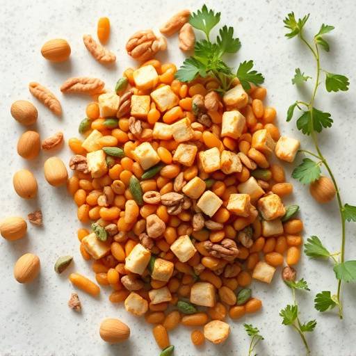 Assortment of plant-based protein sources, including lentils, tofu, nuts, and seeds