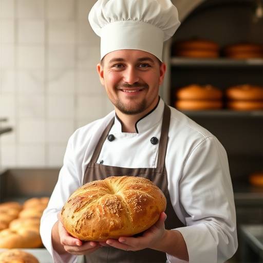 Ben Carter, head chef at Nourish & Bloom, holding a freshly baked loaf of bread.