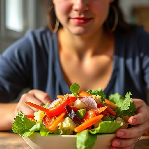 Illustration of a person mindfully eating a colorful salad