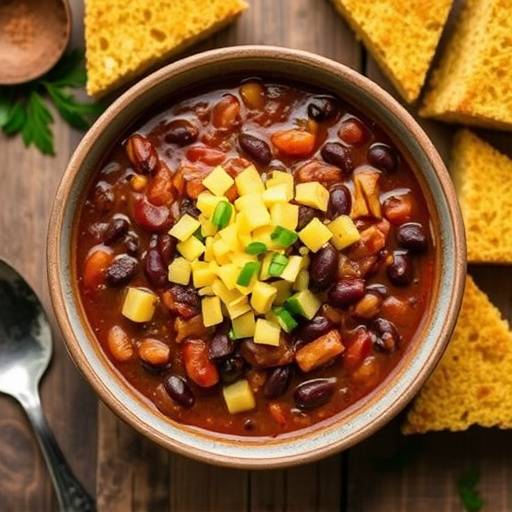 Overhead view of a large bowl of black bean chili with cornbread on the side