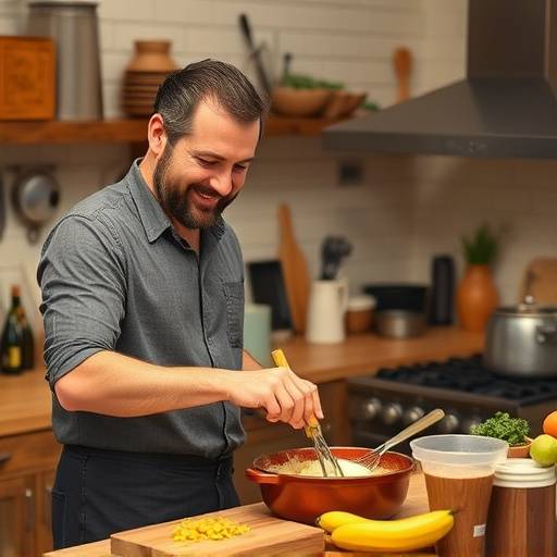 Picture of Robert Brown, a man with short hair and a friendly expression, cooking in his kitchen